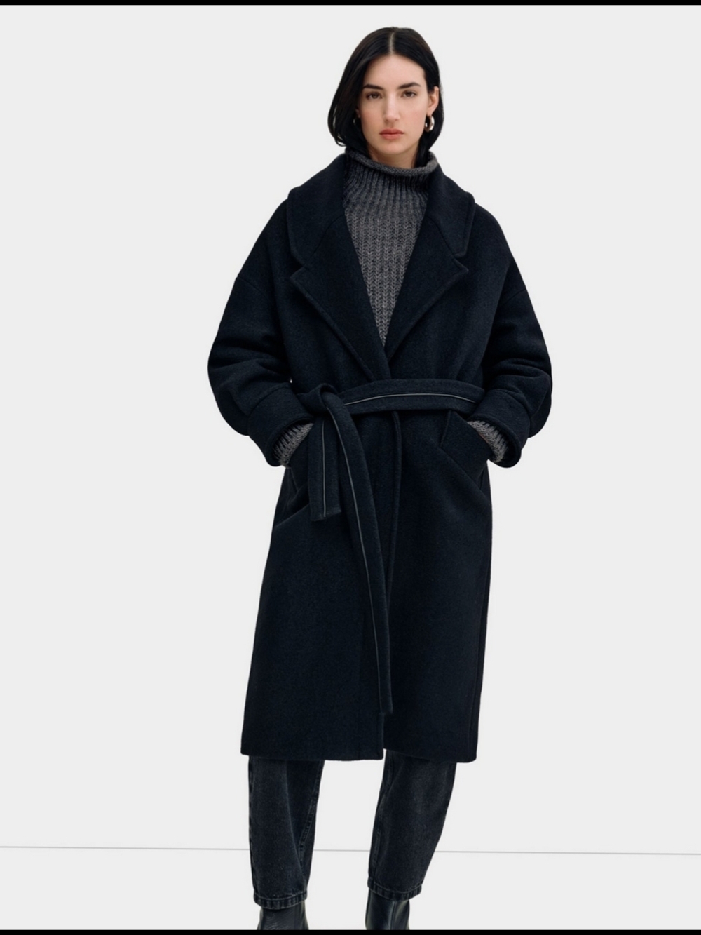 Womens Black Belted Wool Coat